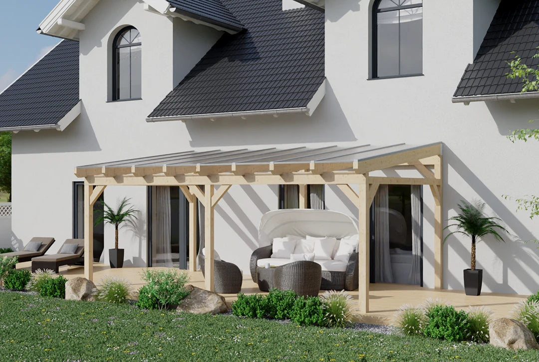 Terrassenüberdachung Holz 700x300cm Doppelsteg eiche-hell