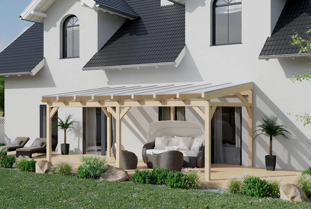Terrassenüberdachung Holz 700x300cm Doppelsteg eiche-hell