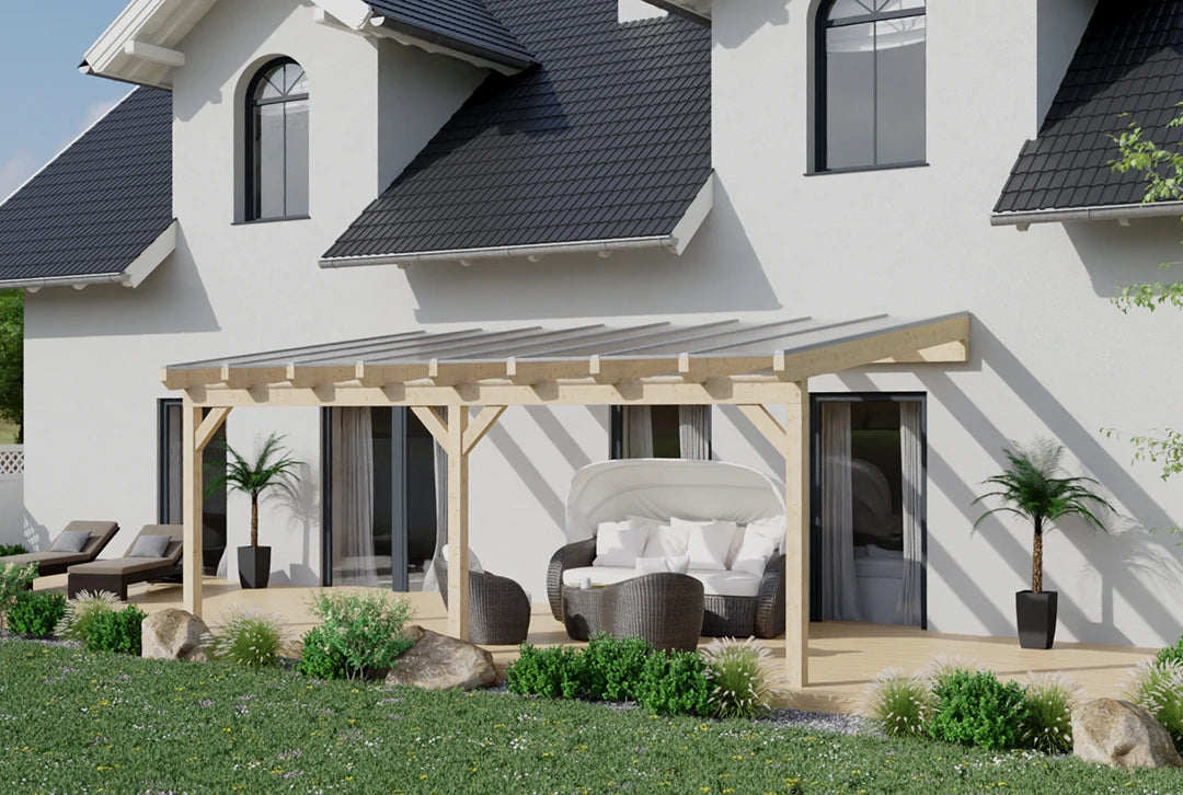 Terrassenüberdachung Holz 700x300cm Doppelsteg eiche-hell