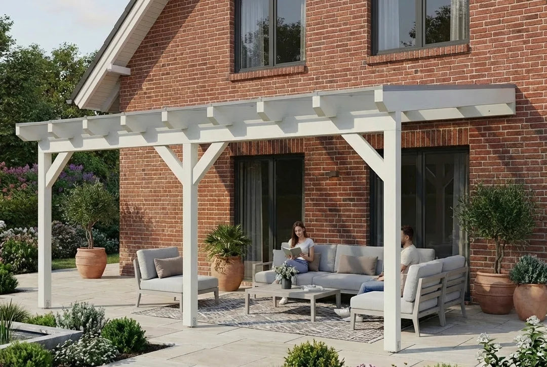 Terrassenüberdachung Holz 700x500cm Doppelsteg weiß – steda