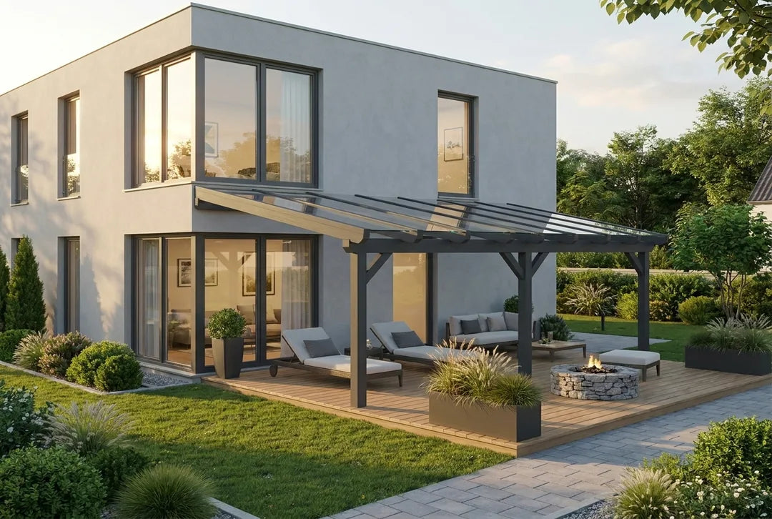 Terrassenüberdachung Holz 600x250cm VSG anthrazit – steda