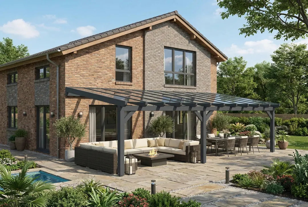 Terrassenüberdachung Holz 800x500cm VSG anthrazit – steda