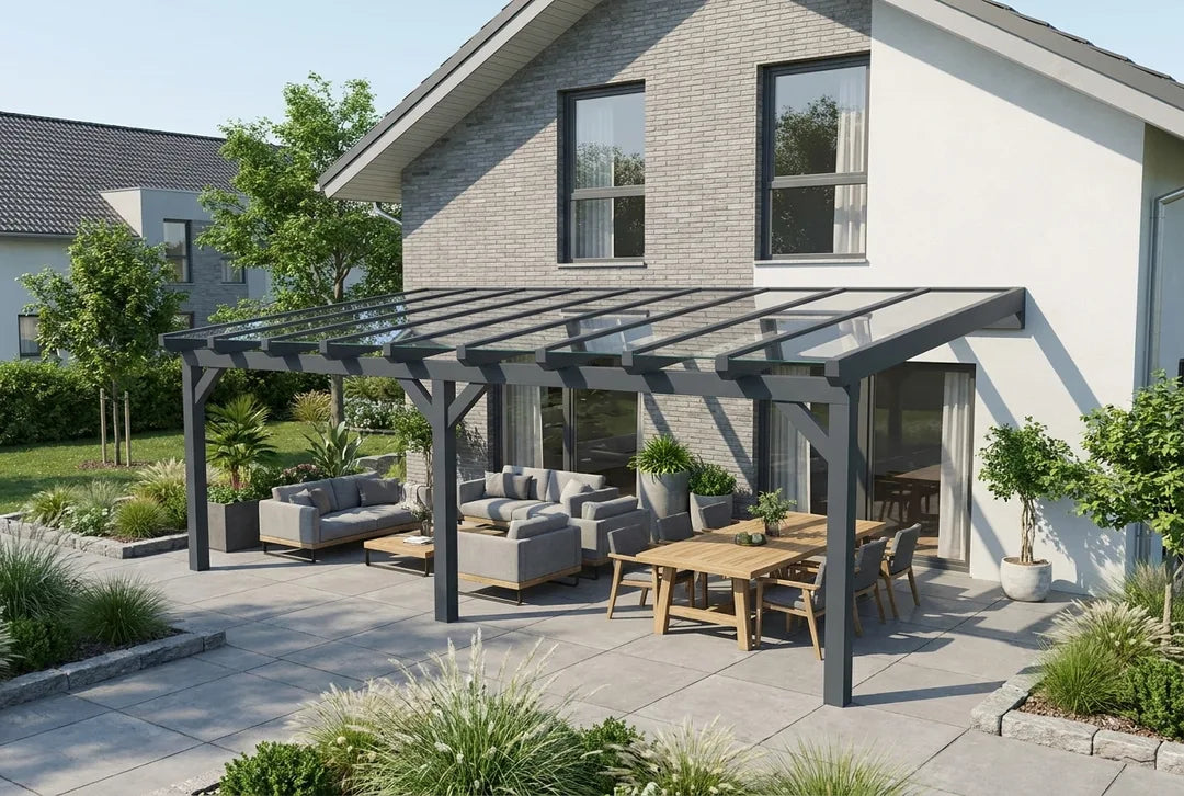 Terrassenüberdachung Holz 500x400cm VSG anthrazit – steda