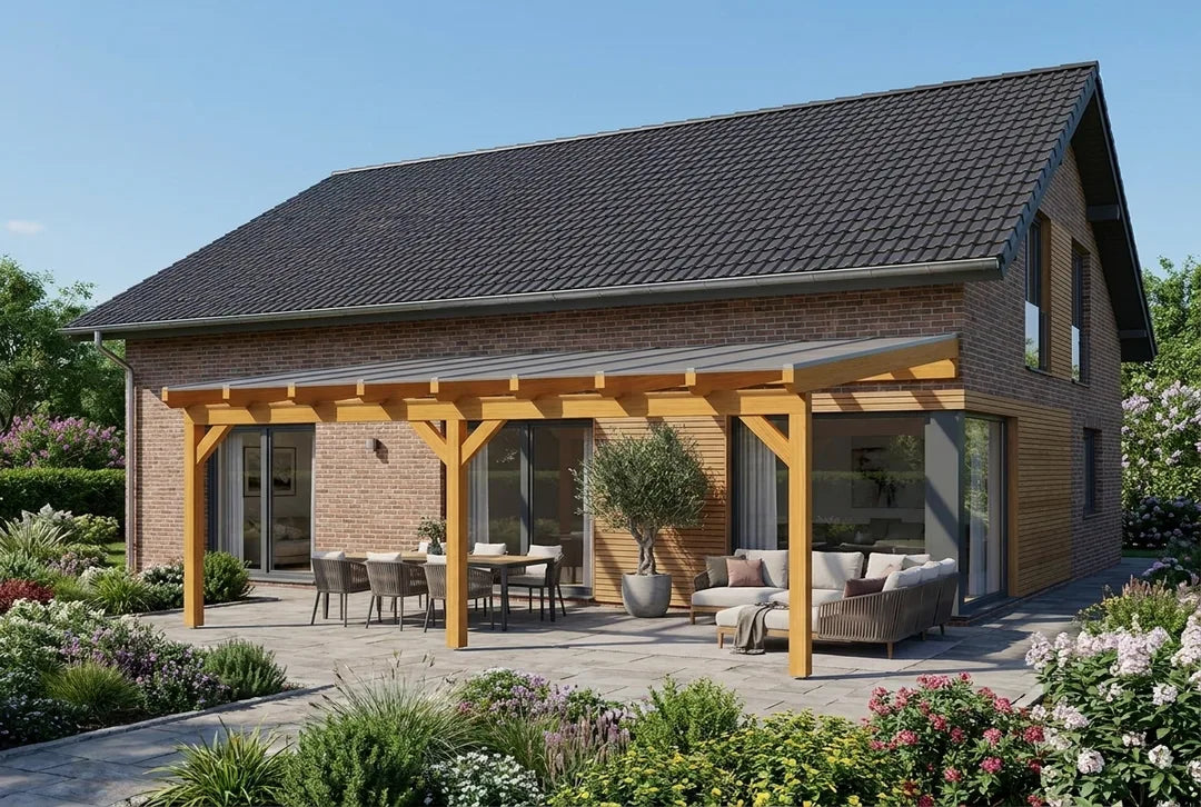 Terrassenüberdachung Holz 700x500cm Doppelsteg eiche-hell