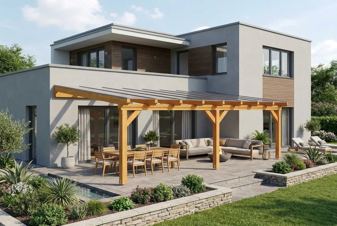 Terrassenüberdachung Holz 700x450cm Doppelsteg eiche-hell