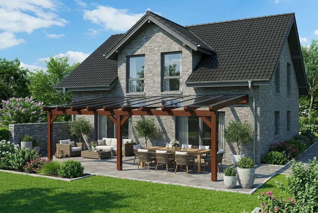 Terrassenüberdachung Holz 600x350cm VSG teak