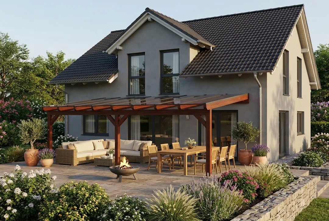 Terrassenüberdachung Holz 800x250cm VSG teak
