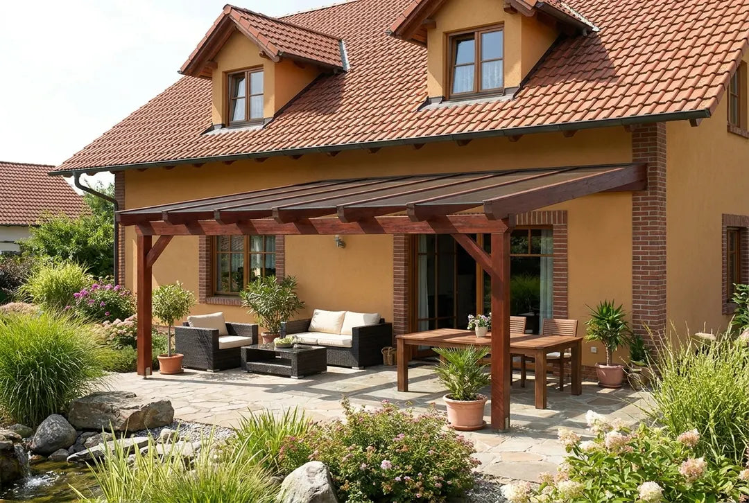Terrassenüberdachung Holz 400x400cm VSG teak