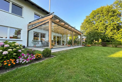 Terrassenüberdachung aus Leimholz, Wandanbau