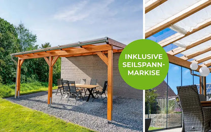 Terrassenüberdachung 5x3m Holz Wandanbau LIMITED EDITION inklusive Seilspannmarkise